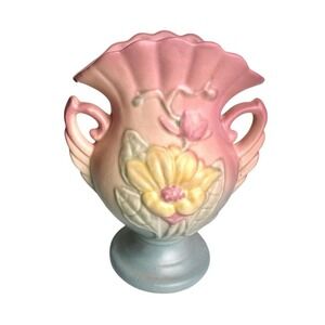 Hull Pottery Magnolia Fan Vase #12 6 1/4 | Pink Pastel Double Handled Art Vase